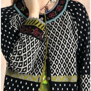Gudrun Sjoden Black Floral Embroidered Cardigan Cotton/Wool Size XS